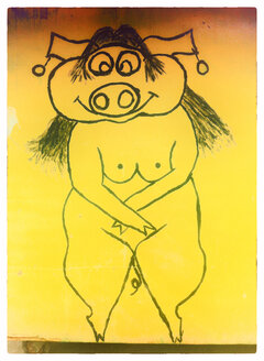 Street Art auf einem Müllcontainer, Schwein, weiblich, anthropomorphisiert, Urinieren, Dringlichkeit, Ecuador - ONF000328