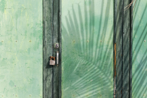 Spanien, Kanarische Inseln, La Palma, Grüne Holztür mit Vorhängeschloss und Schatten eines Palmenblattes, lizenzfreies Stockfoto