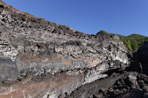 Spanien, Kanarische Inseln, La Palma, Coladas de San Juan, Cumbre Vieja, Lavastrom, lizenzfreies Stockfoto