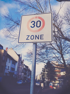 30 km/h sign in urban area, Bonn, North Rhine-Westphalia, Germany - MEAF000029