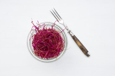 Preserving jar with beetroot sprouts and fork on white ground - LVF000467