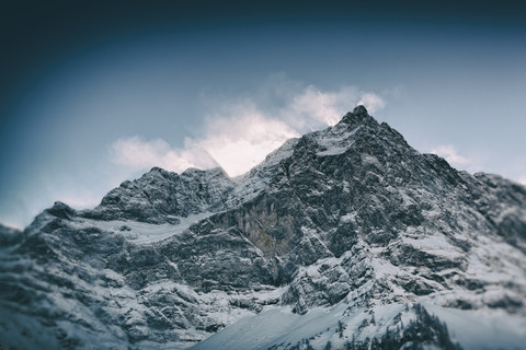 Austria, Tyrol, Karwendel, view to snow covered Spritzkarspitze stock photo