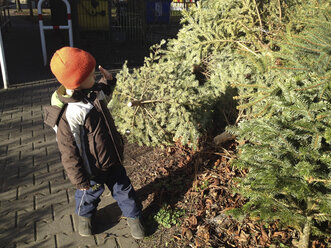 Kleiner Junge, der dem Weihnachtsbaum zum Abschied zuwinkt - ZMF000091