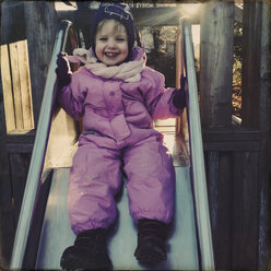 Girl, slide, playground, Munich, Bavaria, Germany - GSF000734