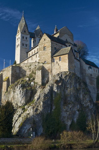 Germany, Hesse, Limburg, Dietkrichen, St. Lubentius at Lahn river stock photo