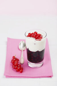 Dessert mit roten Johannisbeeren (Ribes rubrum) und mit Orangenschalen aromatisiertem Joghurt, Studioaufnahme - GWF002530