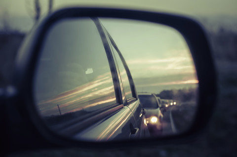 Germany, Mecklenburg-Western Pomerania, Ruegen, Reflection of cars in wing mirror stock photo