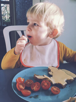Kleinkind isst Brot mit Käse und Tomaten, Bonn, NRW, Deutschland - MFF000771