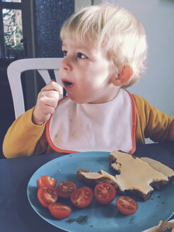 Toddler eating bread with cheese and tomatoes, Bonn, NRW, Germany - MFF000771