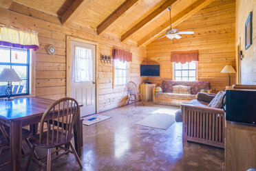 USA, Texas, rustic log house, living room, interior - ABAF001180