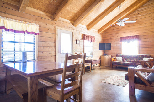 USA, Texas, rustic log house, living room, interior - ABAF001185