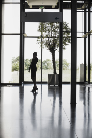 Geschäftsfrau am Mobiltelefon in der Lobby, lizenzfreies Stockfoto