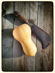 Butternut squash, pumpkin (Cucurbita), wooden background, old cleaver, Studio - CSF020697