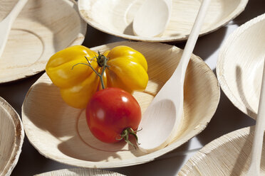 Palmblattteller mit Holzlöffeln und zwei Tomaten, Studioaufnahme - CSF020684