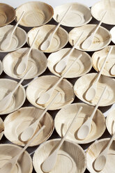 Many palm leaf plates with wooden spoons, studio shot - CSF020735