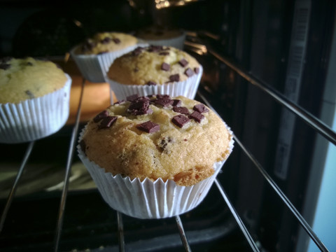 Muffins mit Schokoladenstückchen auf einem Gitter im Ofen, Deutschland, lizenzfreies Stockfoto