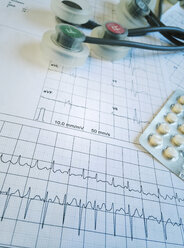 Ruhe-EKG mit Tablettenblister und Elektroden, das EKG zeigt eine absolute Arrhythmie bei Vorhofflimmern, Freiburg, Deutschland - DRF000471