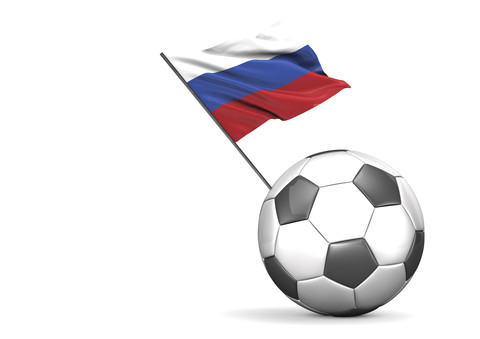 Fußball mit Flagge von Russland, 3D-Rendering, lizenzfreies Stockfoto