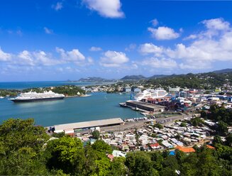 Caribbean, Lesser Antilles, Saint Lucia, Castries, cityscape and container harbour - AM001773