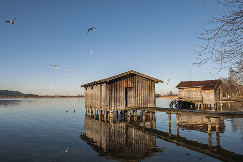 Germany, Bavaria, Upper Bavaria, View of boathouse at Lake Kochelsee - LAF000511
