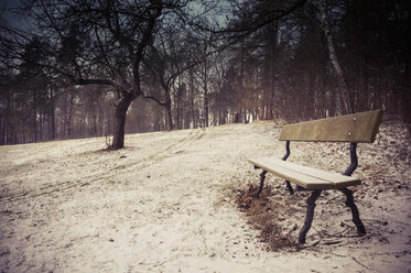 Germany, bench at winter landscape - MJF000760