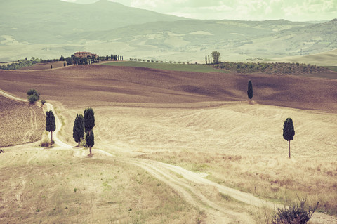 Italien, Toskana, Val d'Orcia, Hügellandschaft bei Siena, lizenzfreies Stockfoto