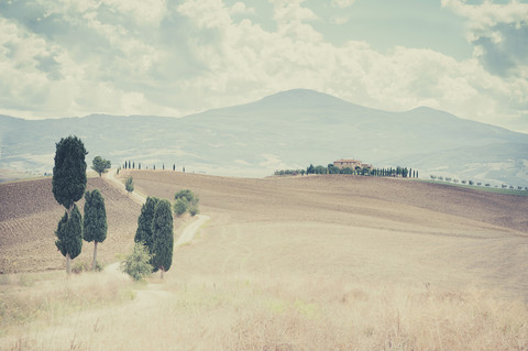 Italien, Toskana, Val d'Orcia, Hügellandschaft bei Siena, lizenzfreies Stockfoto
