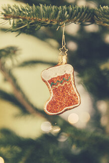 Deutschland, Bonn, Weihnachtsdekoration, Weihnachtsmannstiefel auf einem Baum - MFF000842