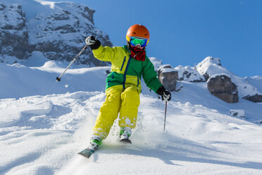 Switzerland, Grisons, Obersaxen, Boy skiing - EGF000049