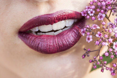 Lippen einer Frau mit rotem Lippenstift und rosa Holunderblüten - EGF000088