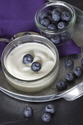 Blueberries (Vaccinium myrtillus), spoon and glass of yoghurt - YFF000026