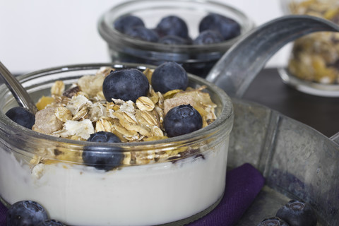 Frühstücksschüssel mit Müsli, Blaubeeren und Joghurt, lizenzfreies Stockfoto