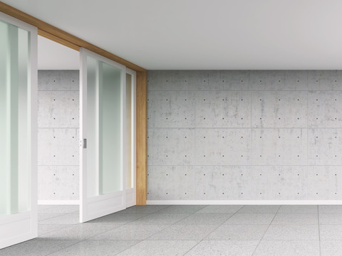 Leerer Raum mit Schiebetür und Betonwand, 3D-Rendering, lizenzfreies Stockfoto