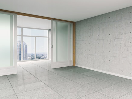 Leerer Raum mit Schiebetür und Betonwand, 3D-Rendering - UWF000021