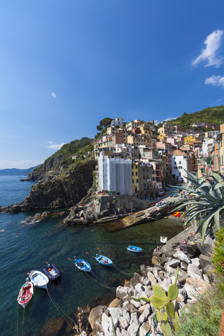 Italien, Cinque Terre, Provinz La Spezia, Ligurien, Riomaggiore, Küste, Fischerdorf, lizenzfreies Stockfoto