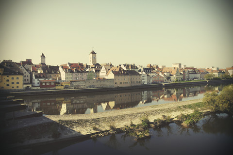 Germany, Bavaria, Regensburg, View of old town at Danube River stock photo