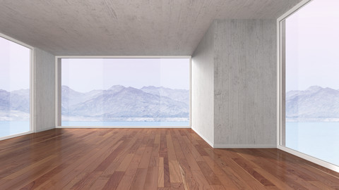 Empty room with parquet flooring, 3D rendering stock photo