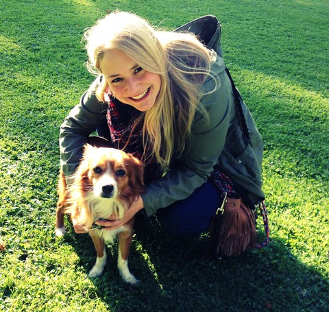 Frau mit Hund, 2 Jahre (King Charles Mix), auf einer Wiese, München, Bayern, Deutschland, lizenzfreies Stockfoto