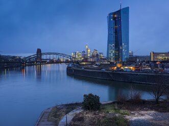 Germany, Hesse, Frankfurt,Germany, View to Osthafenbruecke and financal district, ECB Building at night - AMF001828