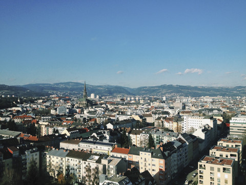 Blick vom Wissensturm auf die Stadt Linz, Linz, Oberösterreich, Österreich, lizenzfreies Stockfoto