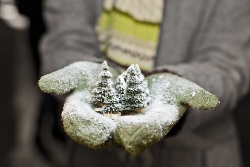 Junge Frau mit Handschuhen hält Weihnachtsschmuck, Teilansicht - CLPF000052