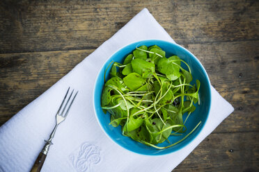 Bowl of winter purslane salad (Claytonia perfoliata) on white cloth napkin and wooden table, view from above - LVF000669