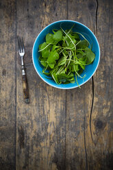 Bowl of winter purslane salad (Claytonia perfoliata) and a fork on wooden table - LVF000667