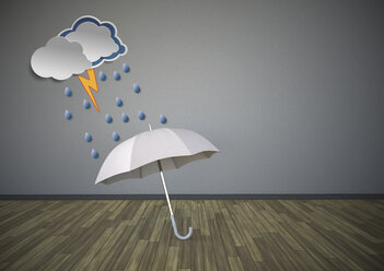 Illustration eines Regenschirms mit Gewitterwolke in einem Raum - ALF000131