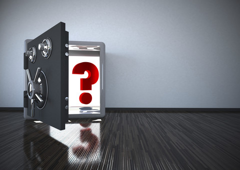 Illustration of vault with question mark in a room stock photo