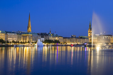 Germany, Hamburg, Binnenalster with skyline at blue hour - KRP000285