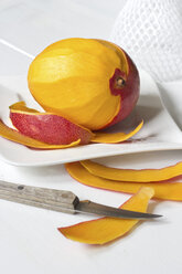 Mango (Mangifera indica), Schale und Messer auf weißem Teller - YFF000036