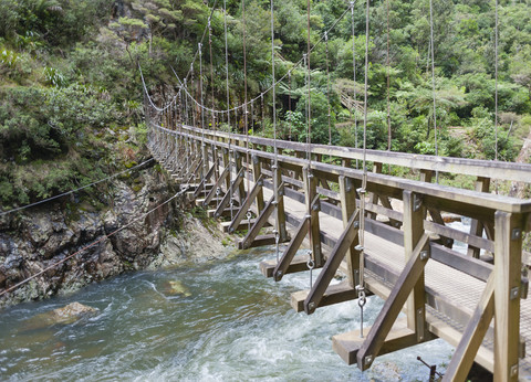 New Zealand, North Island, Waikato, Karangahake Gorge, suspension bridge over Waitawheta River stock photo