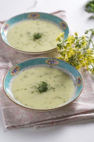 Brokkolicremesuppe und Brokkoliblüte, lizenzfreies Stockfoto