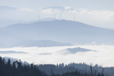 Germany, Baden-Wuerttemberg, Black Forest, wind turbines befogged - LAF000604